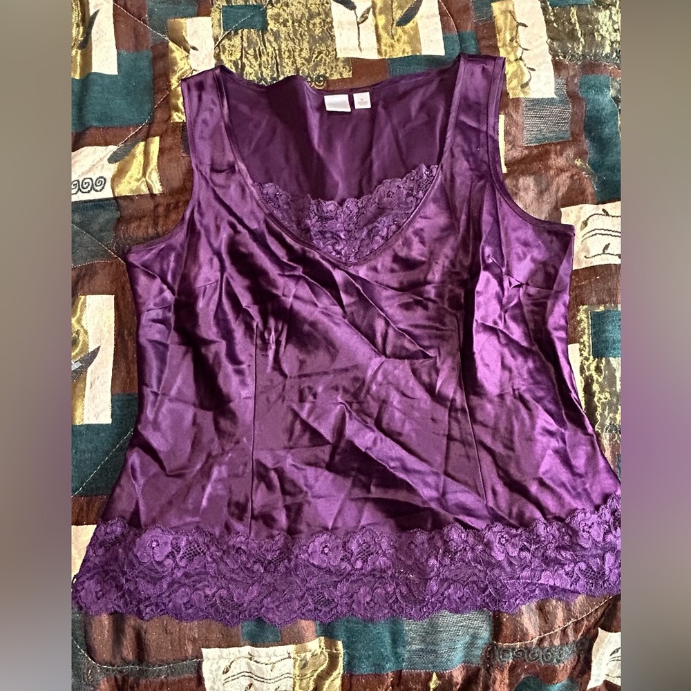 Purple Lace Trim Satin Tank Top